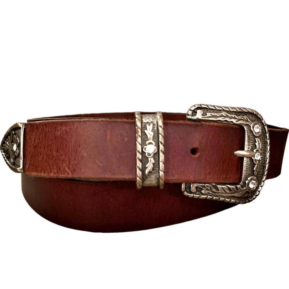 Brown leather belt beautiful embellished buckle & hardware medium EUC
